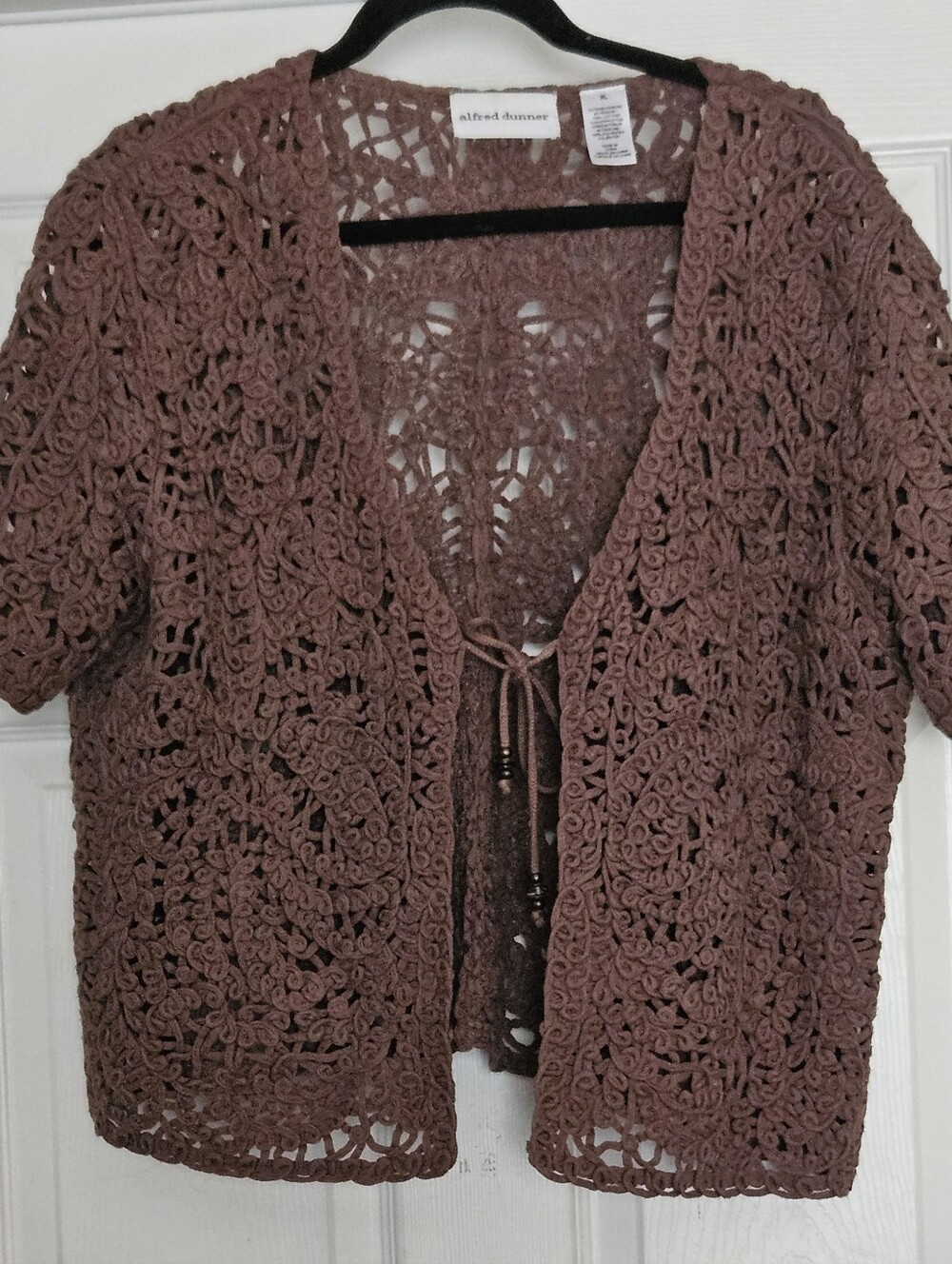 Alfred Dunner Brown Crochet Openwork Tie-Front Cardigan